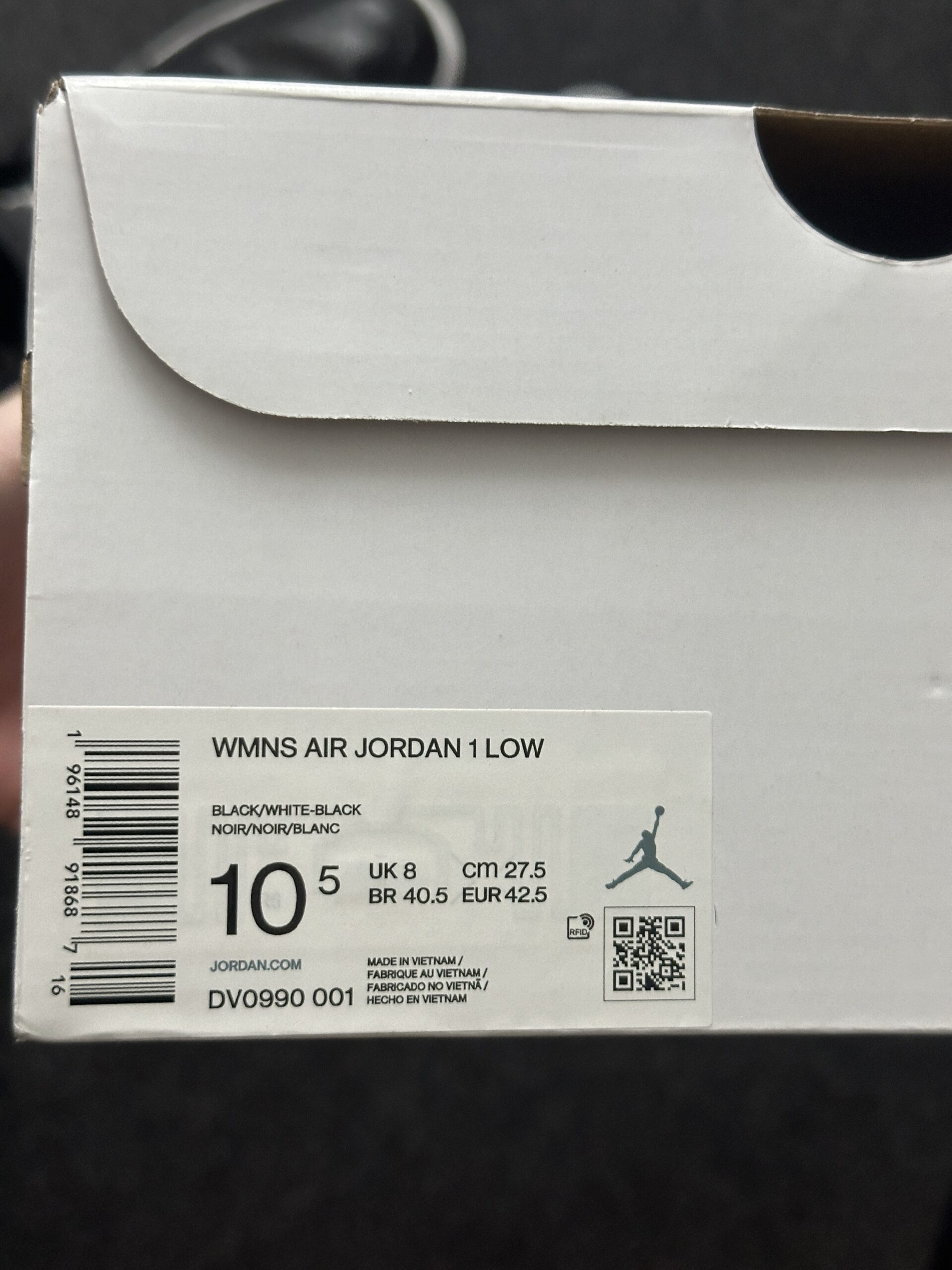 Air Jordan 1 Low Black White DV0990-001 taglia EU 42.5 vista box