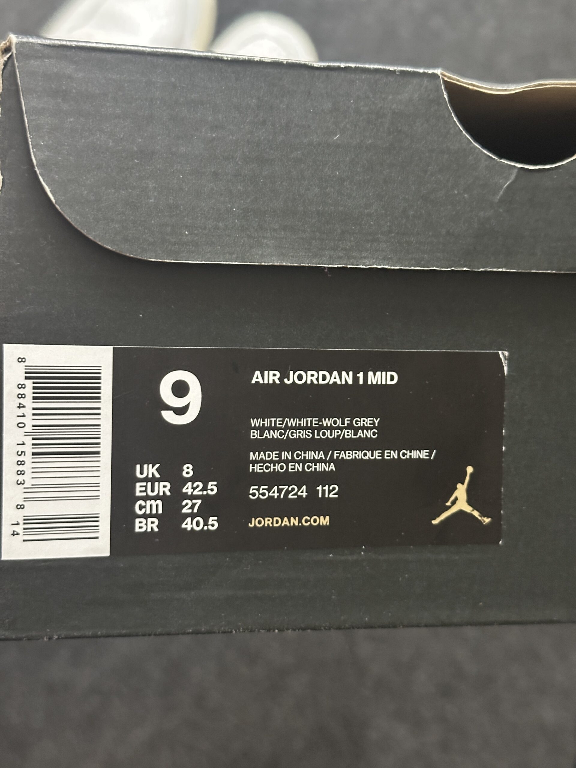Air Jordan 1 Mid White Wolf Grey 554724-112 taglia EU 42.5 vista box