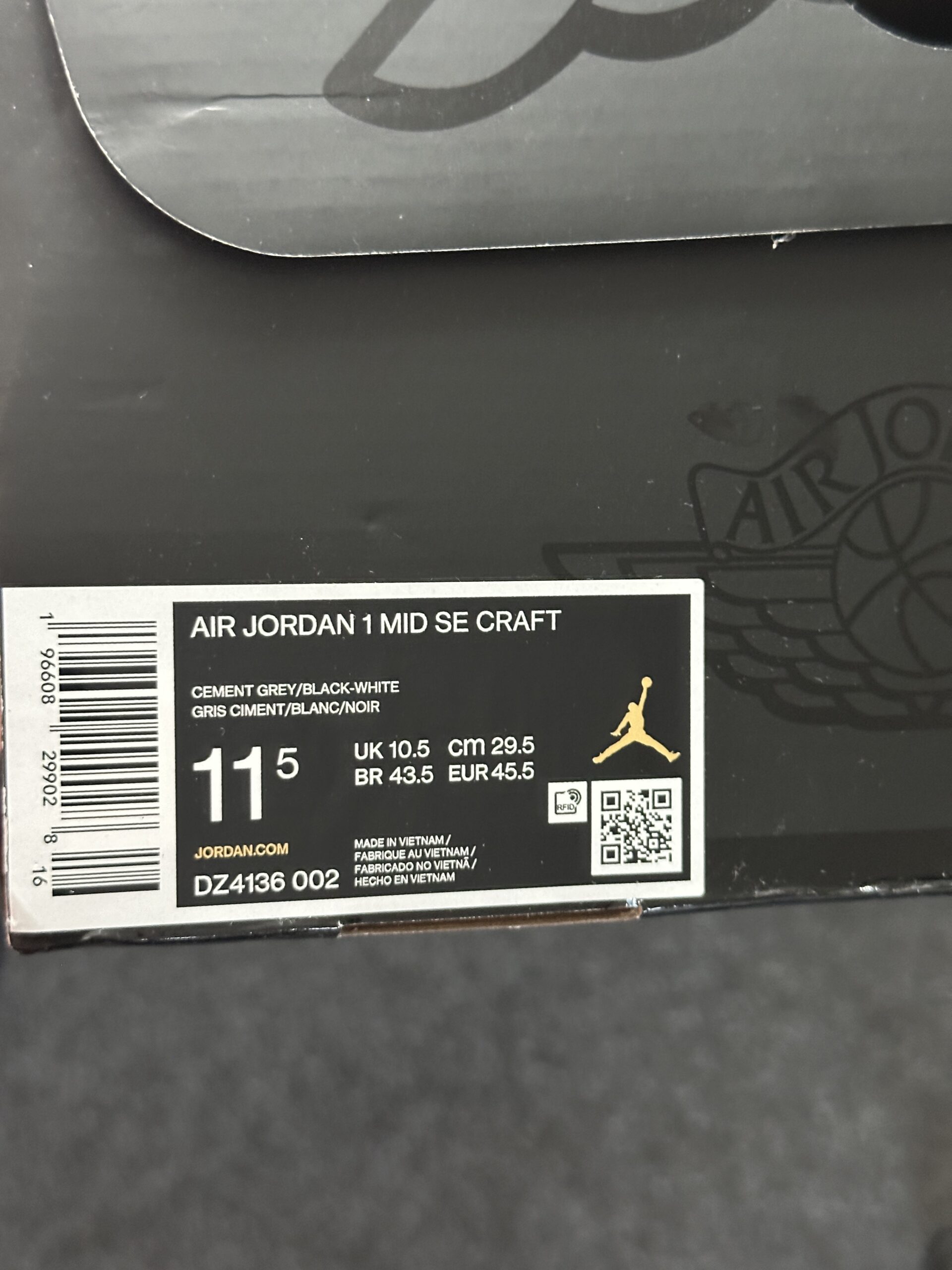 Air Jordan 1 Mid SE Craft Cement Grey DZ4136-002 taglia EU 45.5 vista box