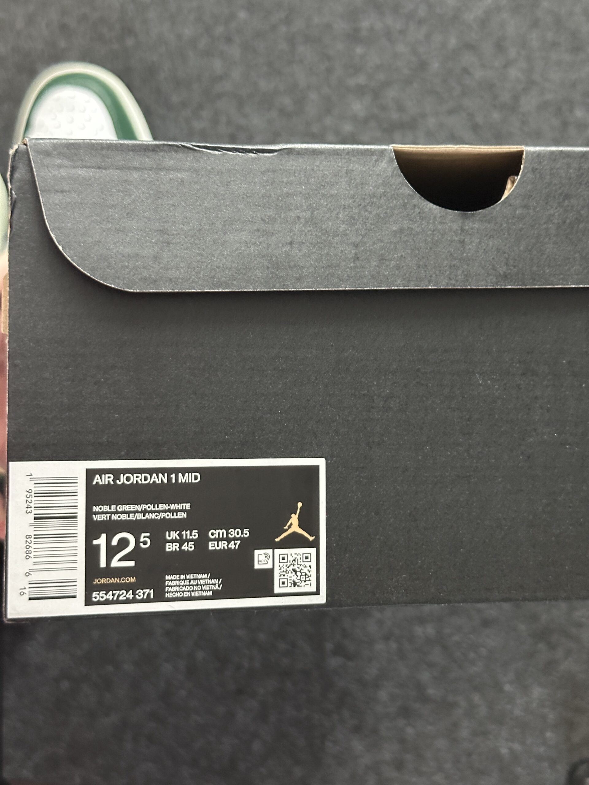 Air Jordan 1 Mid Sonics Noble Green 554724-371 taglia EU 47 vista box
