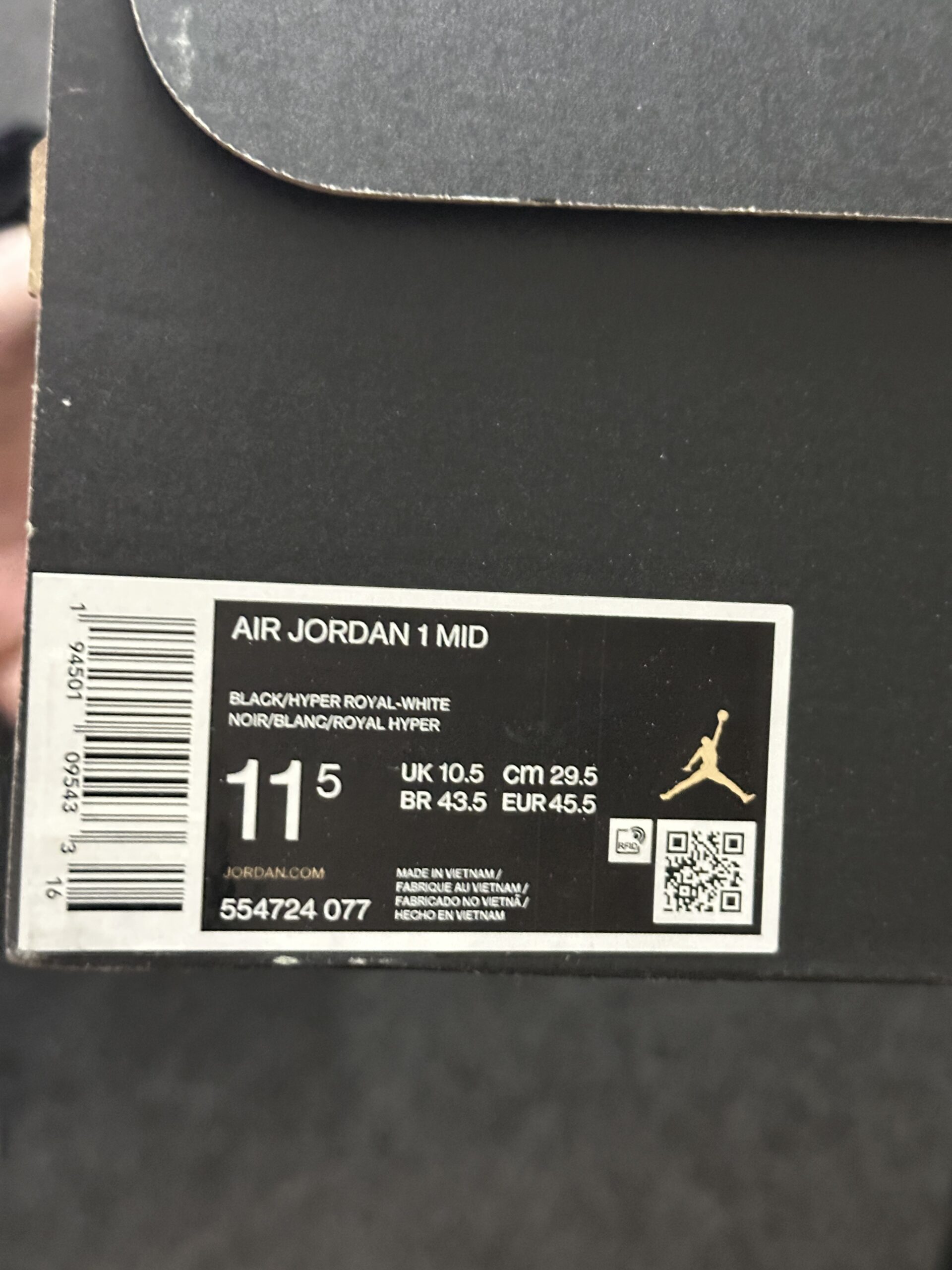 Air Jordan 1 Mid Hyper Royal 554724-077 taglia EU 45.5 vista box