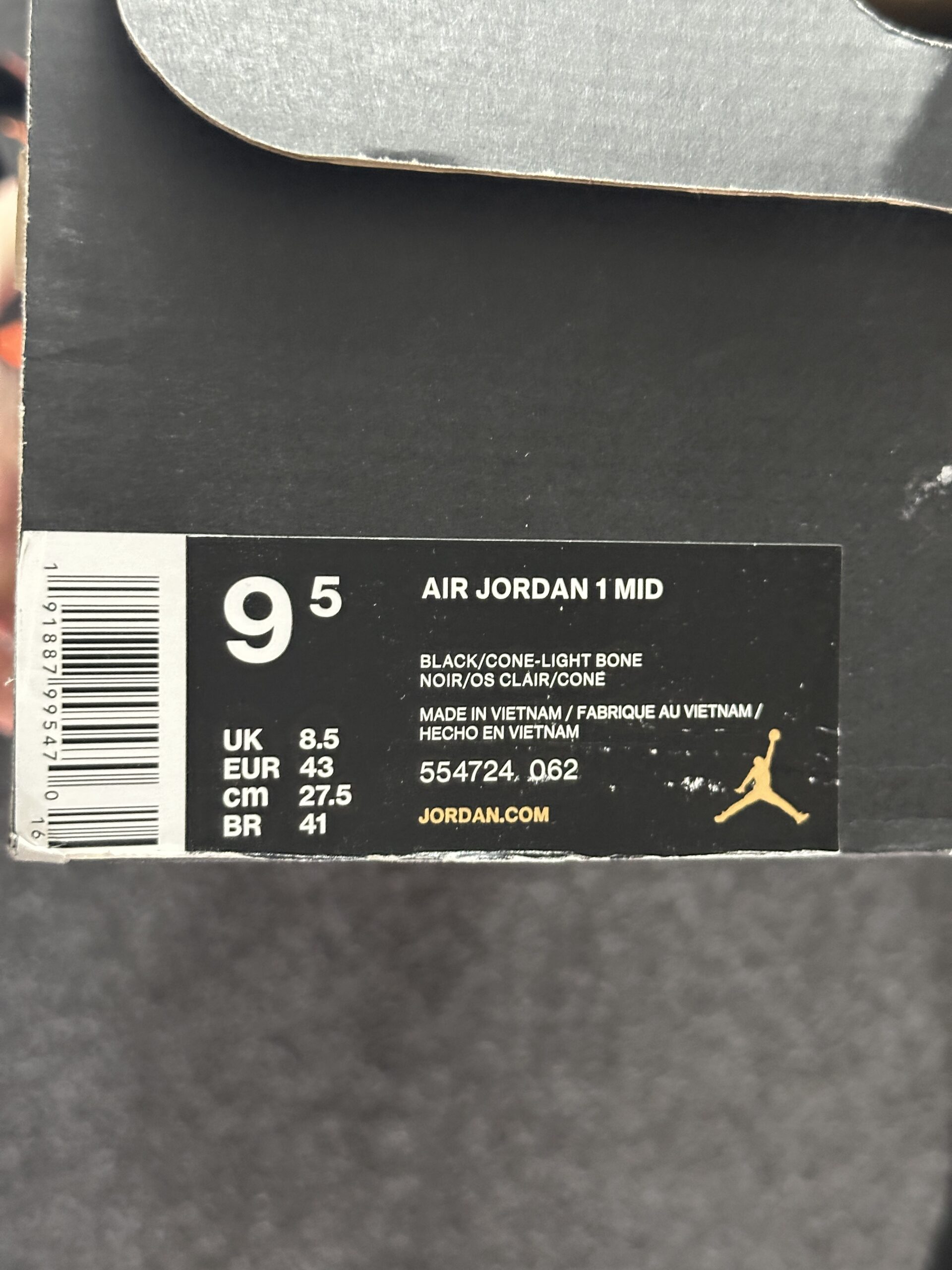 Air Jordan 1 Mid Black Cone 554724-062 taglia EU 43 vista box