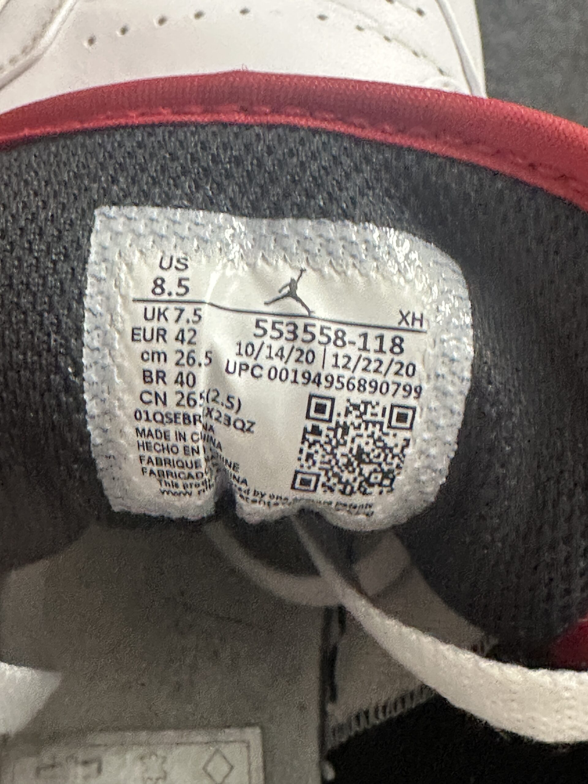 Air Jordan 1 Low White University Red Black 553558-118 taglia EU 42 vista label