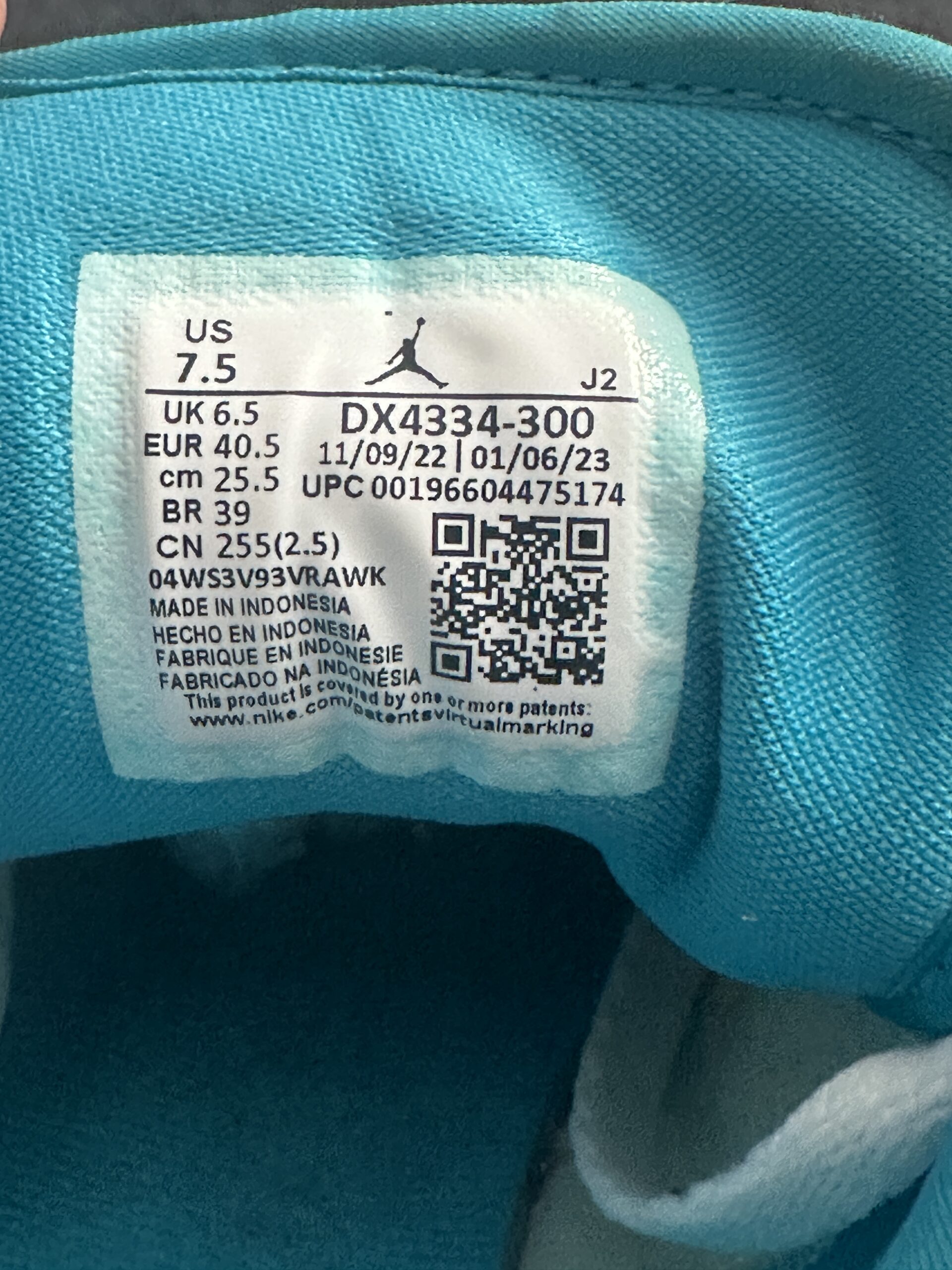 Air Jordan 1 Low SE Pistachio Aquatone DX4334-300 taglia EU 40.5 vista label