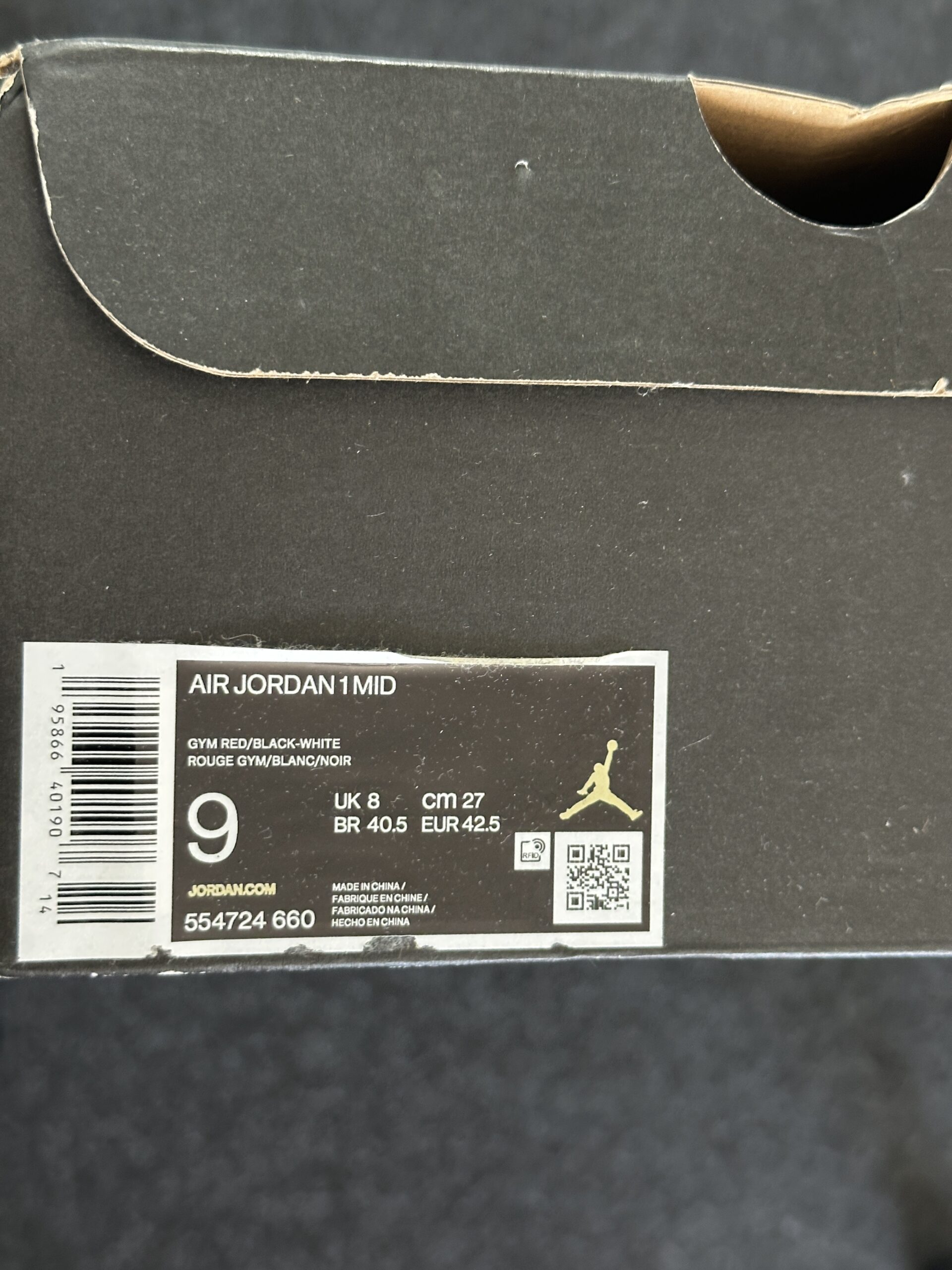 Air Jordan 1 Mid Reverse Bred 554724-660 taglia EU 42.5 vista box