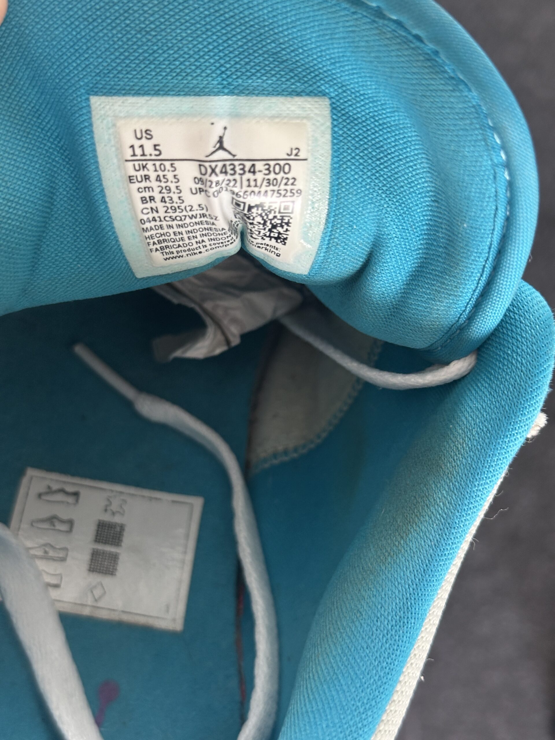 Air Jordan 1 Low SE Pistachio Aquatone DX4334-300 taglia EU 45.5 vista label